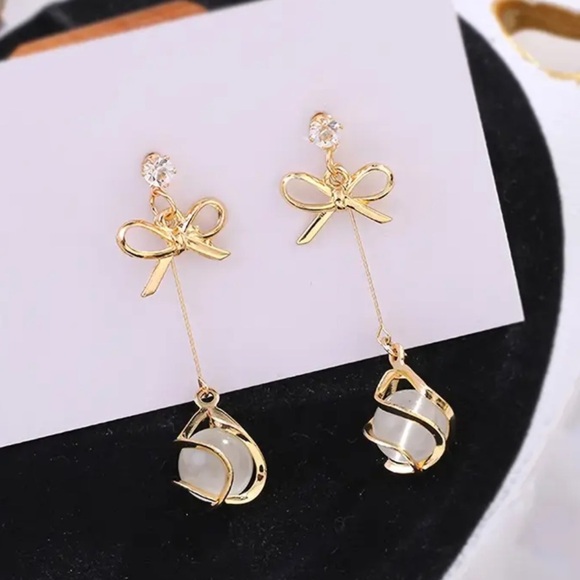 NWOT Bowknot Tassel Drop Earrings Synthetic Gem Alloy 925 Sterling Silver needle - Picture 5 of 5